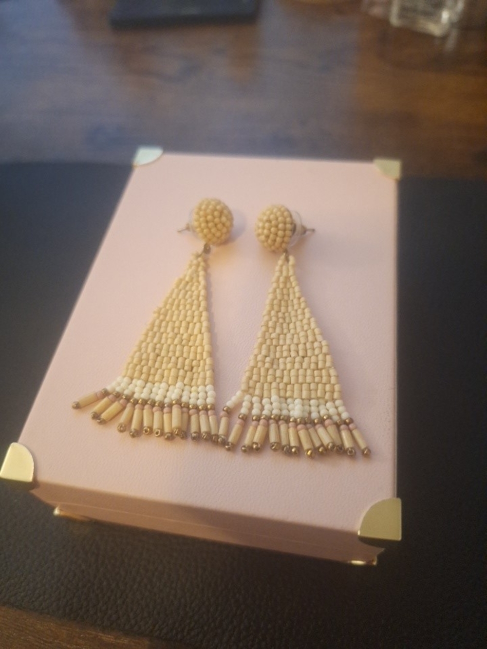 3" Vintage Beige and White Seed Bead Tassel Drop Earrings
